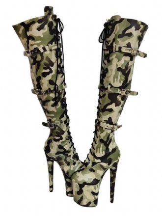 Sapatos Dança Poste Camuflagem Feminina Sexy Plataforma Salto Agulha Sobre O Joelho Botas Com Fivelas