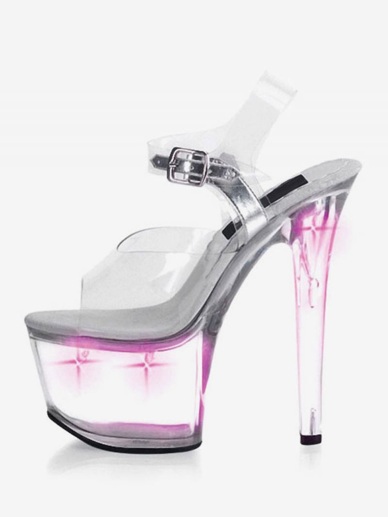 Sapatos Dança Poste Feminino Transparente Sexy Plataforma Salto Agulha Sandálias Stripper Com Luz Led - Roxo