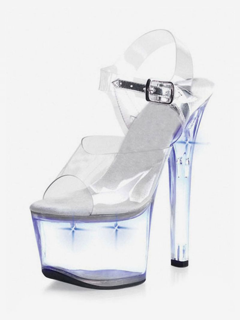 Sapatos Dança Poste Feminino Transparente Sexy Plataforma Salto Agulha Sandálias Stripper Com Luz Led - Azul