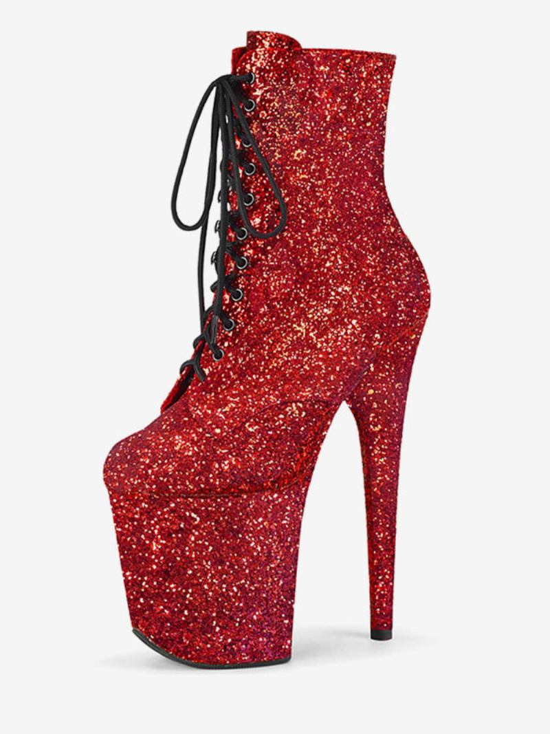 Sapatos Dança Poste Femininos Com Glitter E Salto Agulha Botas Tornozelo Plataforma 4 Polegadas - Vermelho