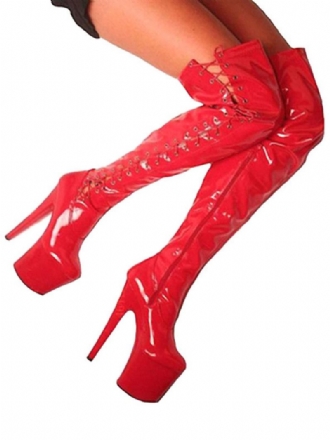 Sapatos Dança Poste Femininos Sexy Botas Salto Alto Dedo Do Pé Redondo Rendas Até Zíper Stiletto Rave Clube Vermelho Coxa Altas Stripper