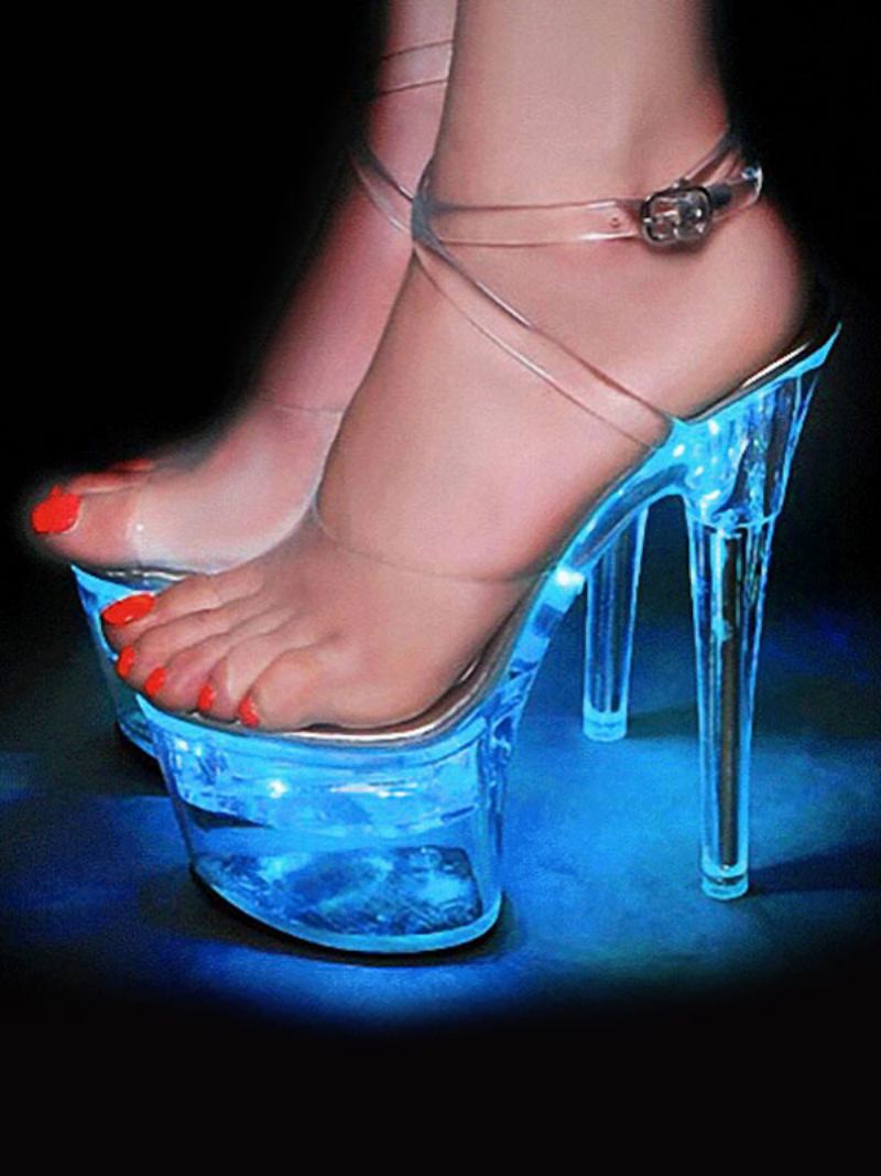 Sapatos Dança Poste Femininos Sexy Transparentes Saltos Exóticos Plataforma Céu Sandálias Salto Alto Com Luzes Led - Azul