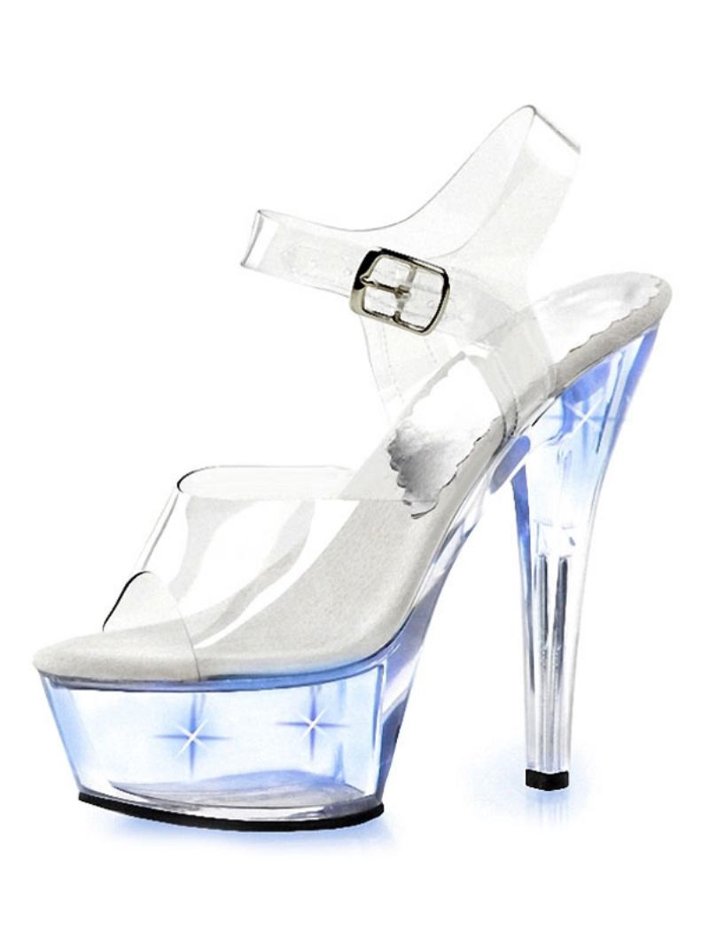 Sapatos Dança Poste Femininos Sexy Transparentes Saltos Exóticos Plataforma Sandálias Salto Agulha Com Luzes Led - Azul