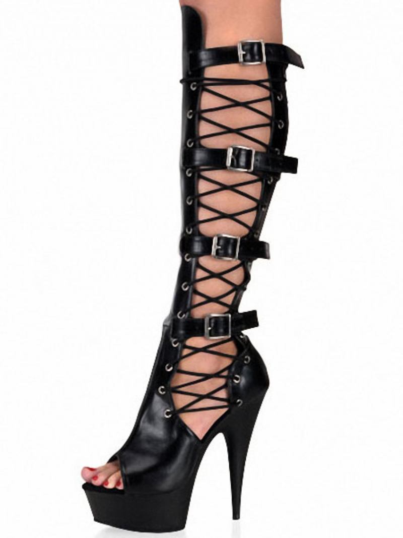 Sapatos Dança Poste Preto Sexy Botas Femininas Peep Toe Plataforma Cortada Fivela Detalhe Salto Alto Stripper