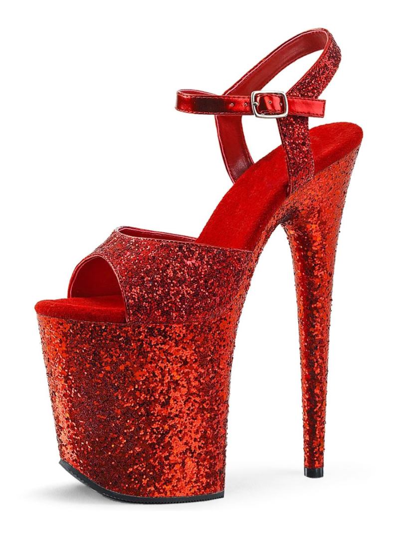 Sapatos Dança Poste Sandálias Sexy Para Mulheres Couro Avelã Peep Toe Stiletto Stripper - Vermelho