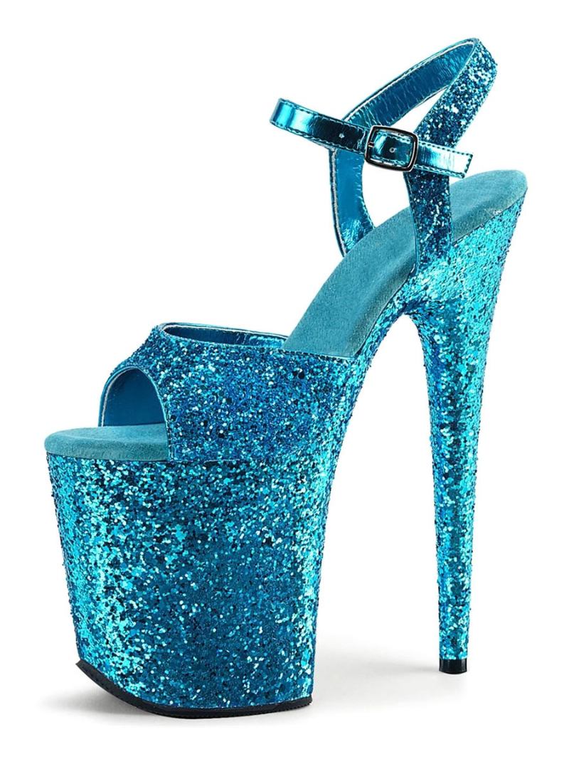 Sapatos Dança Poste Sandálias Sexy Para Mulheres Couro Avelã Peep Toe Stiletto Stripper - Azul Ciano