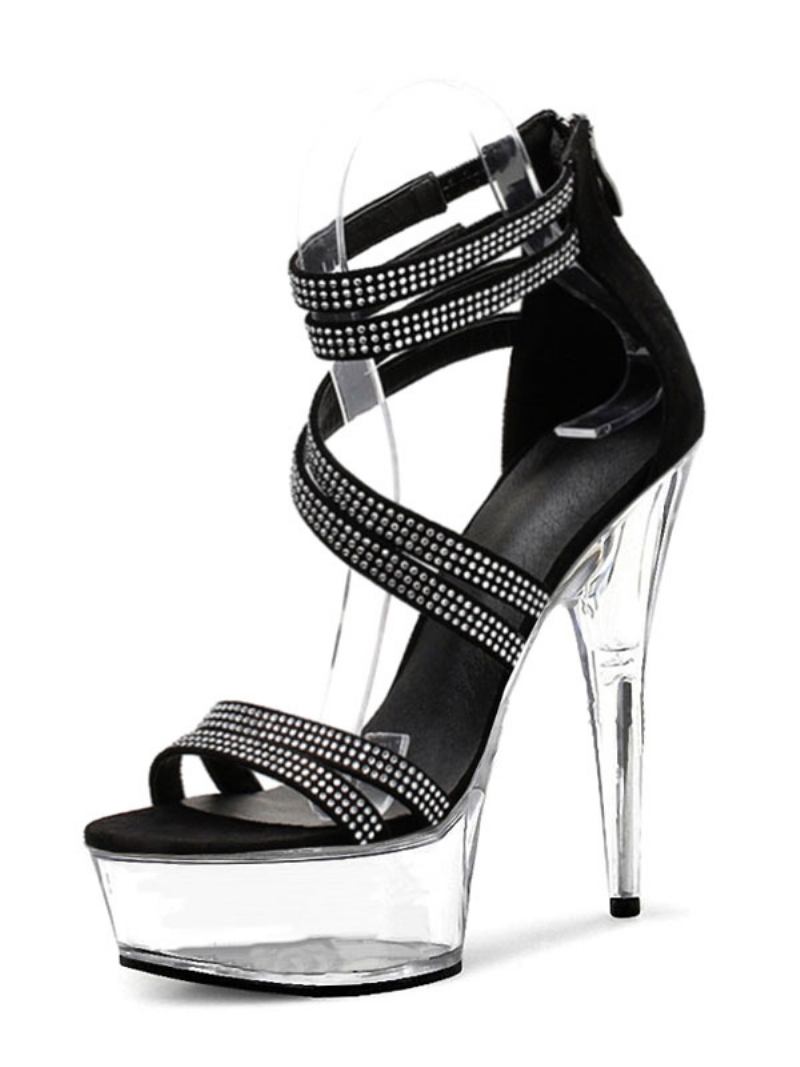 Sapatos Dança Poste Sandálias Sexy Para Mulheres Couro Pu Peep Toe Salto Stiletto Preto Com Tira No Tornozelo - Transparente