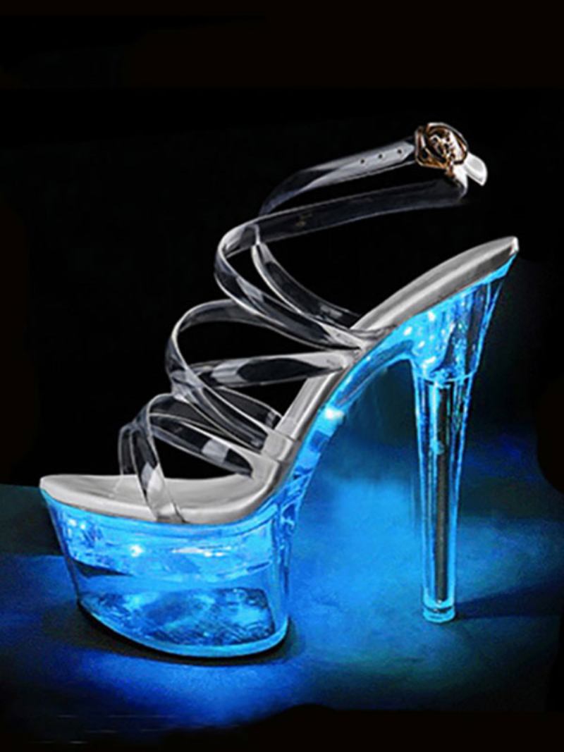 Sapatos Dança Poste Sandálias Sexy Para Mulheres Ombre Pvc Superior Dedo Do Pé Aberto Salto Cônico Céu Alto Tornozelo Cinta Saltos Stripper - Azul Céu Claro