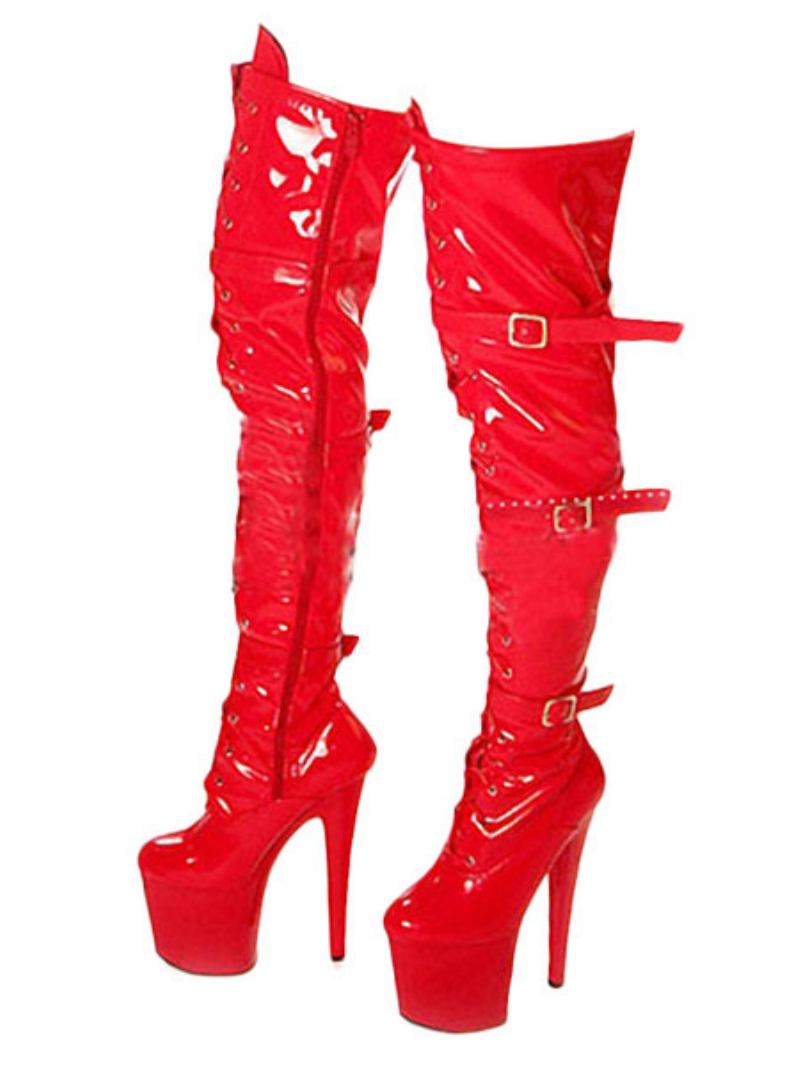 Sapatos Dança Poste Vermelho Sexy Botas Femininas Plataforma Fivela Detalhe Zip Acima Do Joelho Salto Alto Coxa Altas Stripper