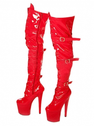 Sapatos Dança Poste Vermelho Sexy Botas Femininas Plataforma Fivela Detalhe Zip Acima Do Joelho Salto Alto Coxa Altas Stripper