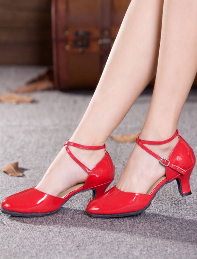 Sapatos Dança Pretos Femininos Bico Redondo Cruzado Tango Latina - Vermelho