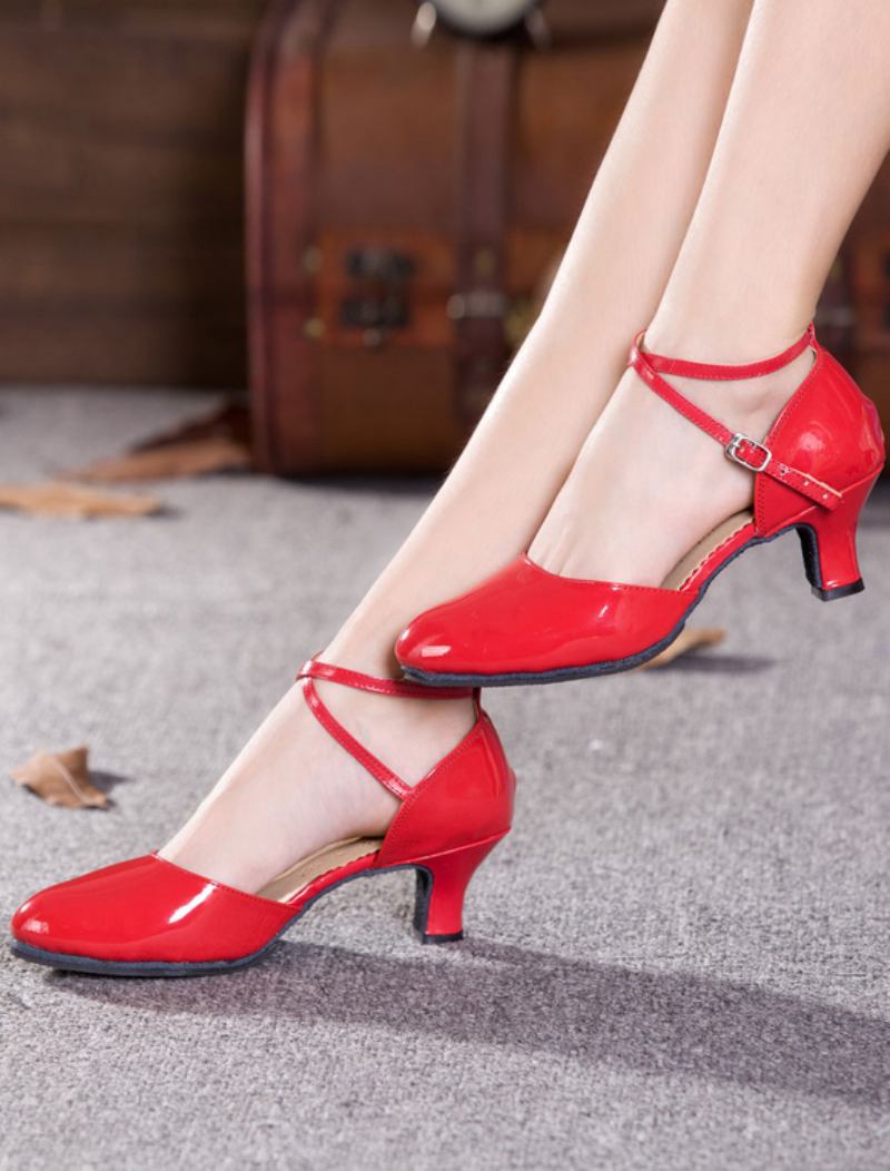 Sapatos Dança Pretos Femininos Bico Redondo Cruzado Tango Latina - Vermelho