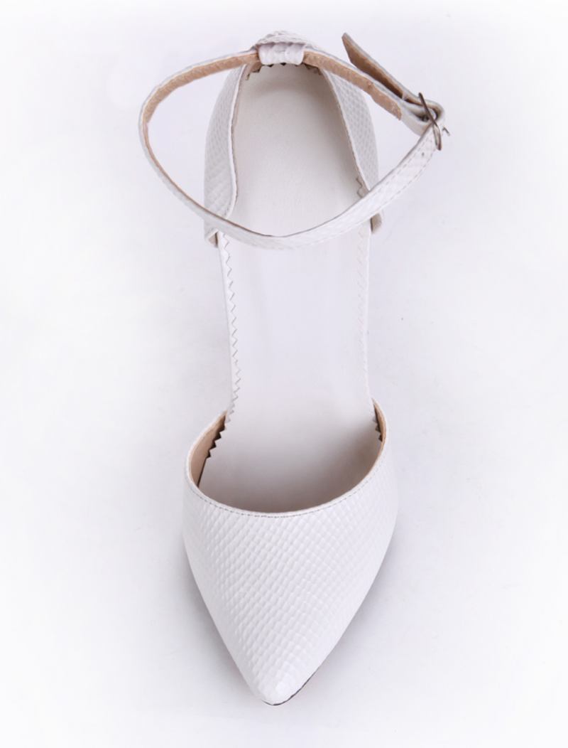 Sapatos Femininos Couro Branco Com Bico Fino E Tira No Tornozelo Sexy - Branco