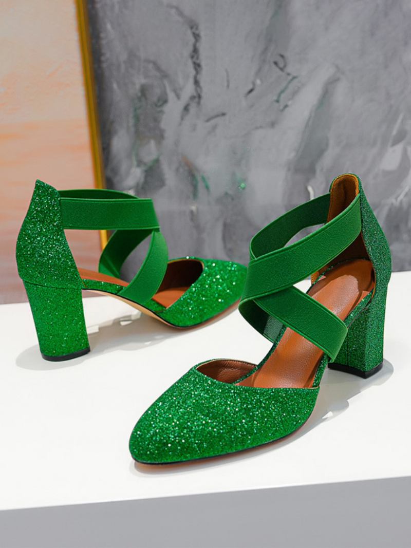 Sapatos Femininos Salto Alto Para Festa Bico Fechado Prateado Baile - Verde