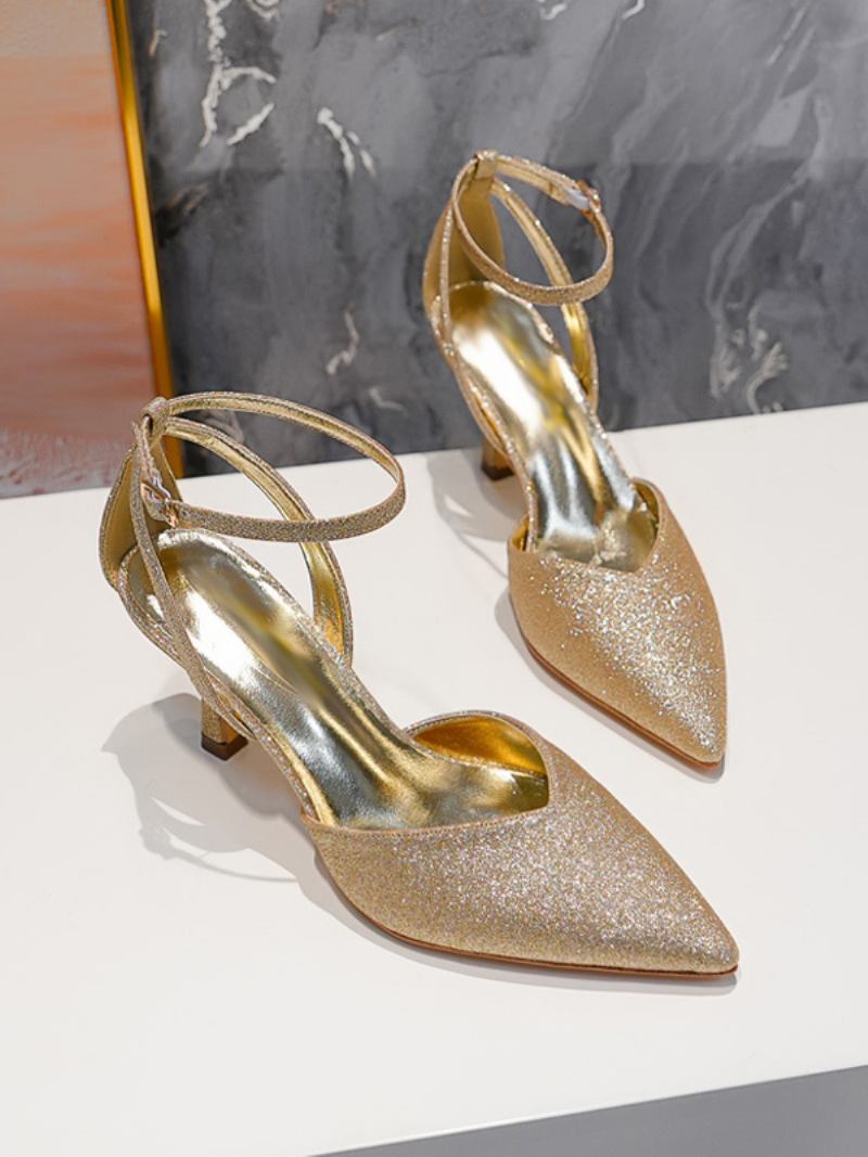 Sapatos Femininos Salto Alto Para Festa Bico Fino Dourado E Strass Baile - Ouro