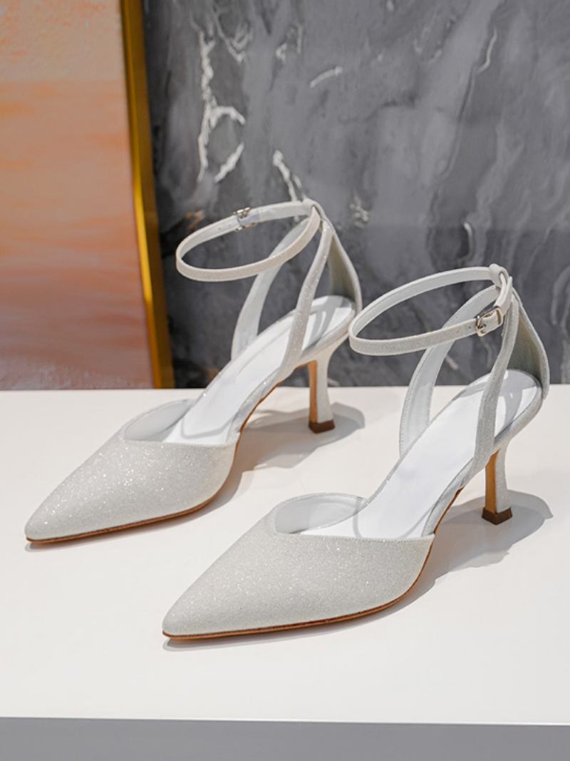 Sapatos Femininos Salto Alto Para Festa Bico Fino Dourado E Strass Baile - Branco