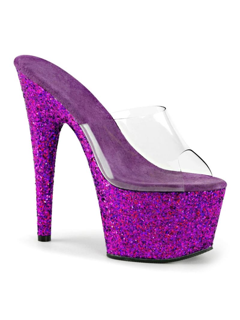 Sapatos Femininos Salto Alto Sexy Sandálias Couro Azul Peep Toe Antiderrapante Borracha Stripper - Roxo