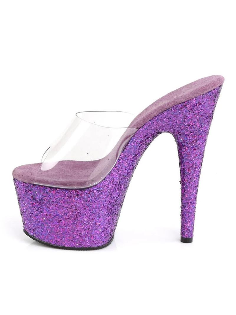 Sapatos Femininos Salto Alto Sexy Sandálias Couro Azul Peep Toe Antiderrapante Borracha Stripper - Roxo