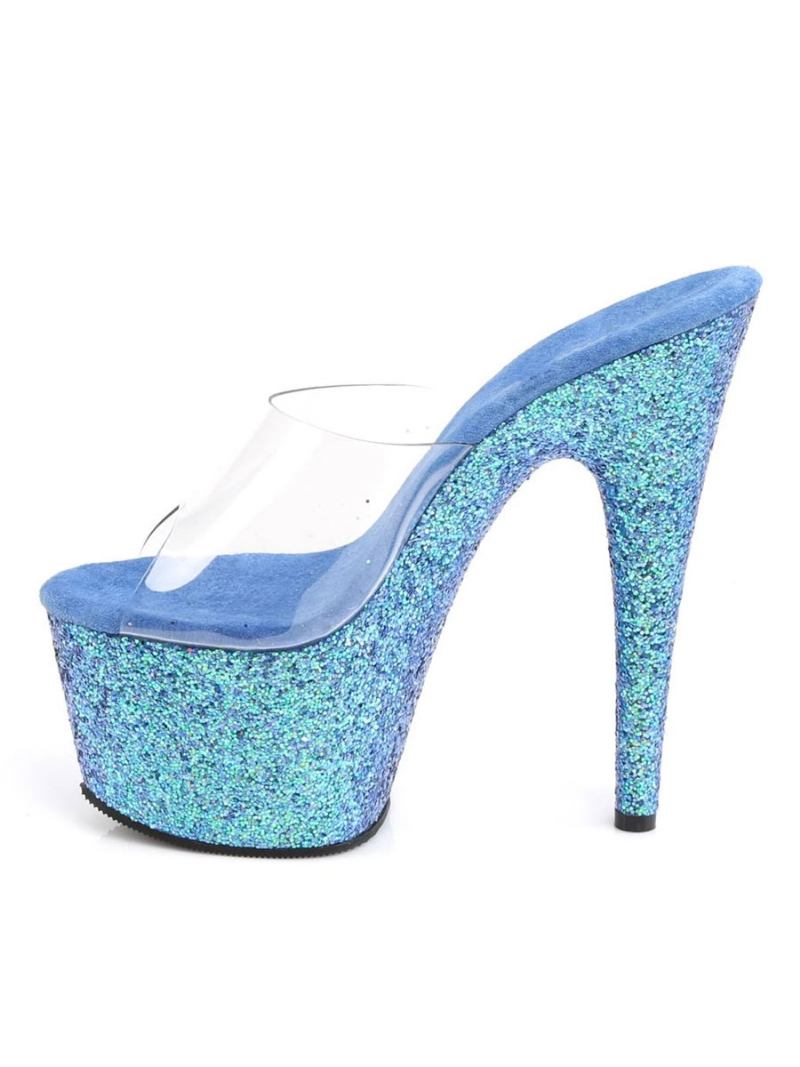 Sapatos Femininos Salto Alto Sexy Sandálias Couro Azul Peep Toe Antiderrapante Borracha Stripper - Azul