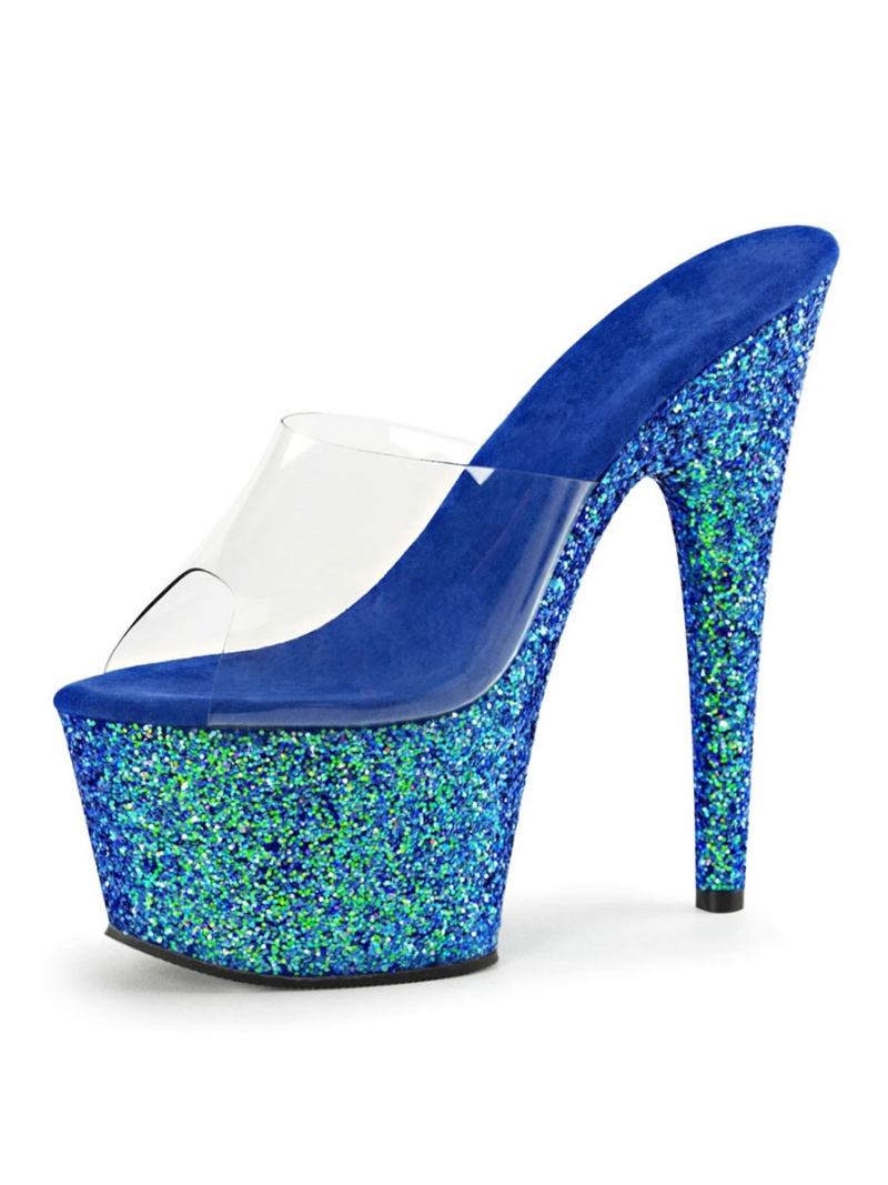 Sapatos Femininos Salto Alto Sexy Sandálias Couro Azul Peep Toe Antiderrapante Borracha Stripper - Azul