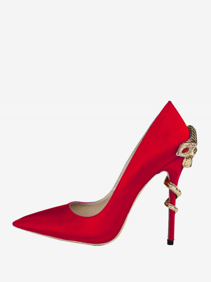 Sapatos Noturnos Femininos Com Salto Cobra Em Cetim - Vermelho