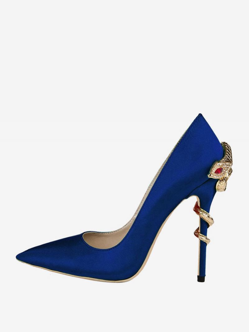 Sapatos Noturnos Femininos Com Salto Cobra Em Cetim - Azul Royal