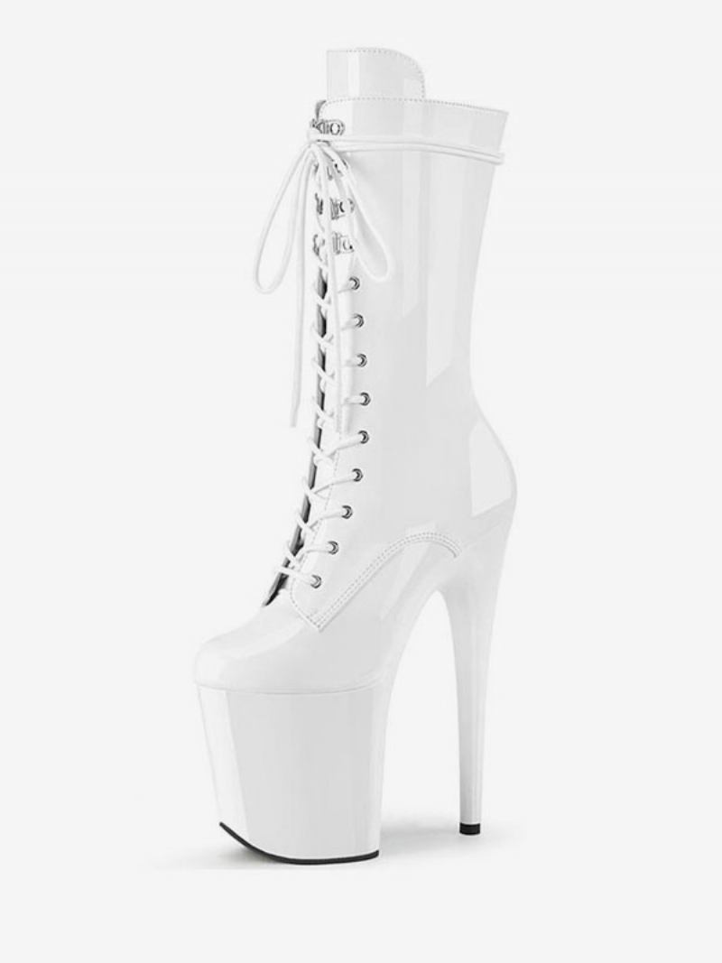 Sapatos Pole Dance Femininos Sexy Com Cadarço Alto Salto Exótico Botas Cano Médio Em Couro Envernizado Preto - Branco