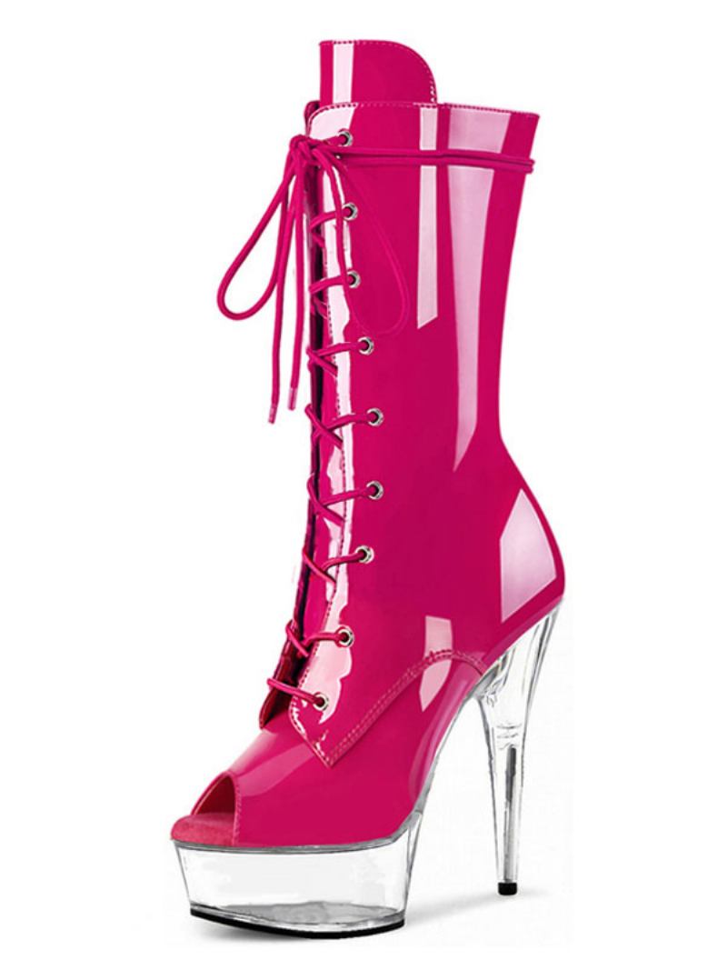 Sapatos Pole Dance Femininos Sexy Com Cadarço Saltos Exóticos Botas Plataforma Stripper Em Couro Envernizado Preto - Rosa