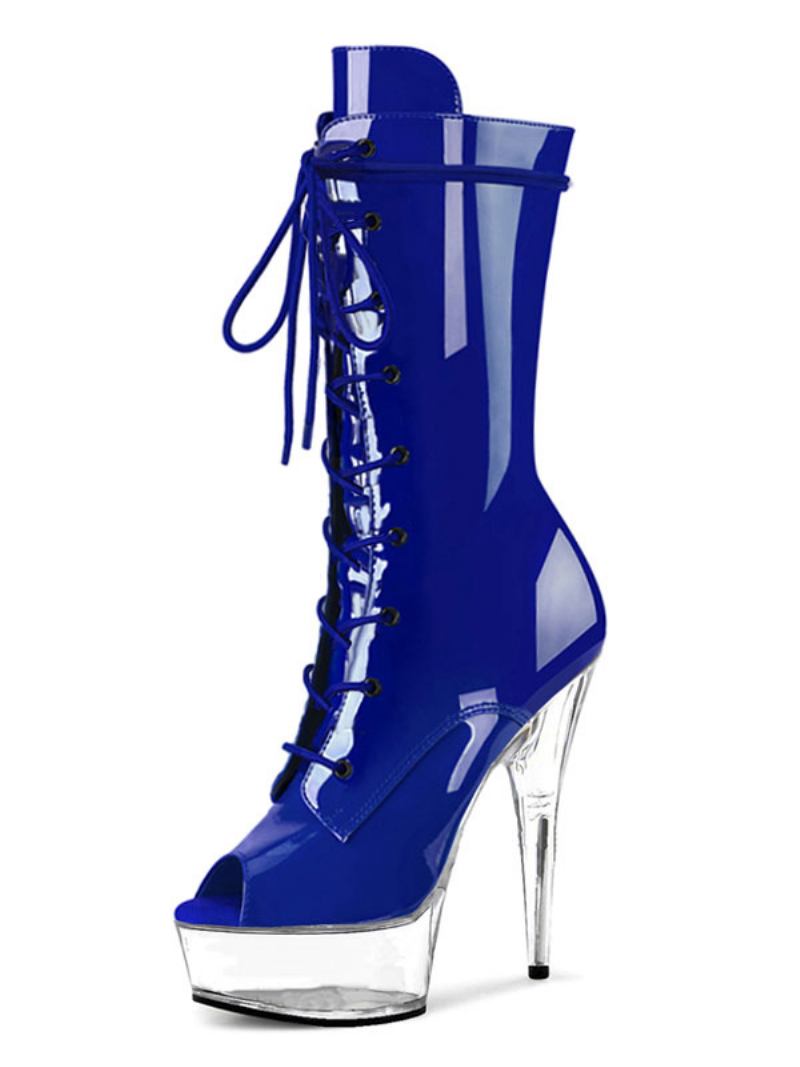 Sapatos Pole Dance Femininos Sexy Com Cadarço Saltos Exóticos Botas Plataforma Stripper Em Couro Envernizado Preto - Azul Royal