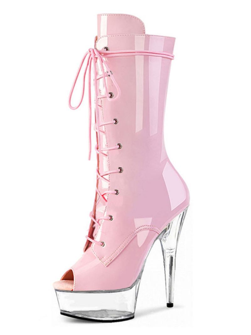 Sapatos Pole Dance Femininos Sexy Com Cadarço Saltos Exóticos Botas Plataforma Stripper Em Couro Envernizado Preto - Rosa