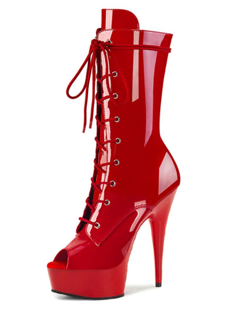 Sapatos Pole Dance Femininos Sexy Com Cadarço Saltos Exóticos Botas Plataforma Stripper Em Couro Envernizado Preto - Vermelho Turo