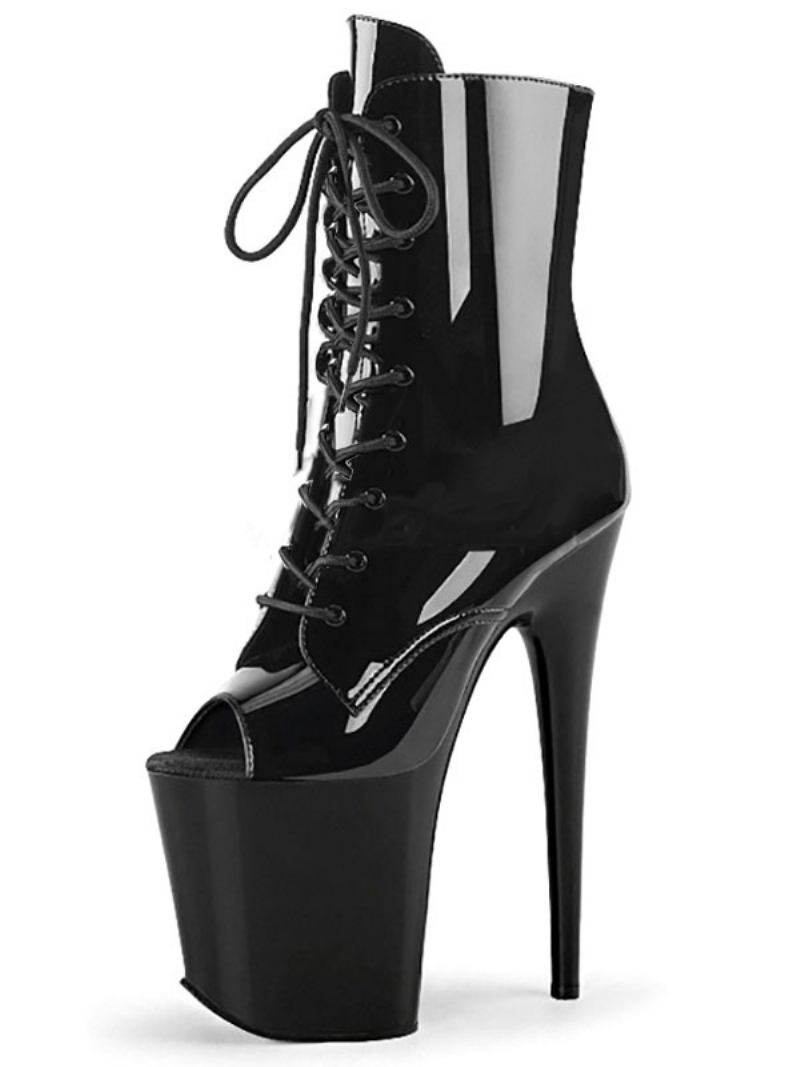 Sapatos Pole Dance Femininos Sexy Peep Toe Botas Tornozelo Com Cadarço Plataforma Salto Agulha - Preto