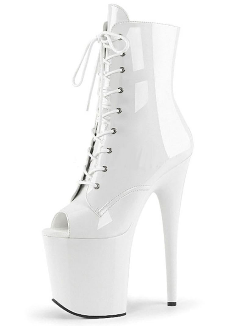 Sapatos Pole Dance Femininos Sexy Peep Toe Botas Tornozelo Com Cadarço Plataforma Salto Agulha - Branco