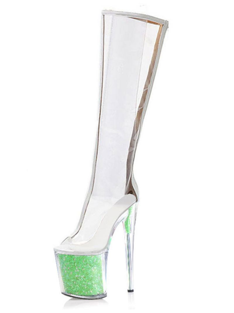 Sapatos Pole Dance Femininos Sexy Transparentes Saltos Exóticos Com Brilho Na Plataforma - Verde