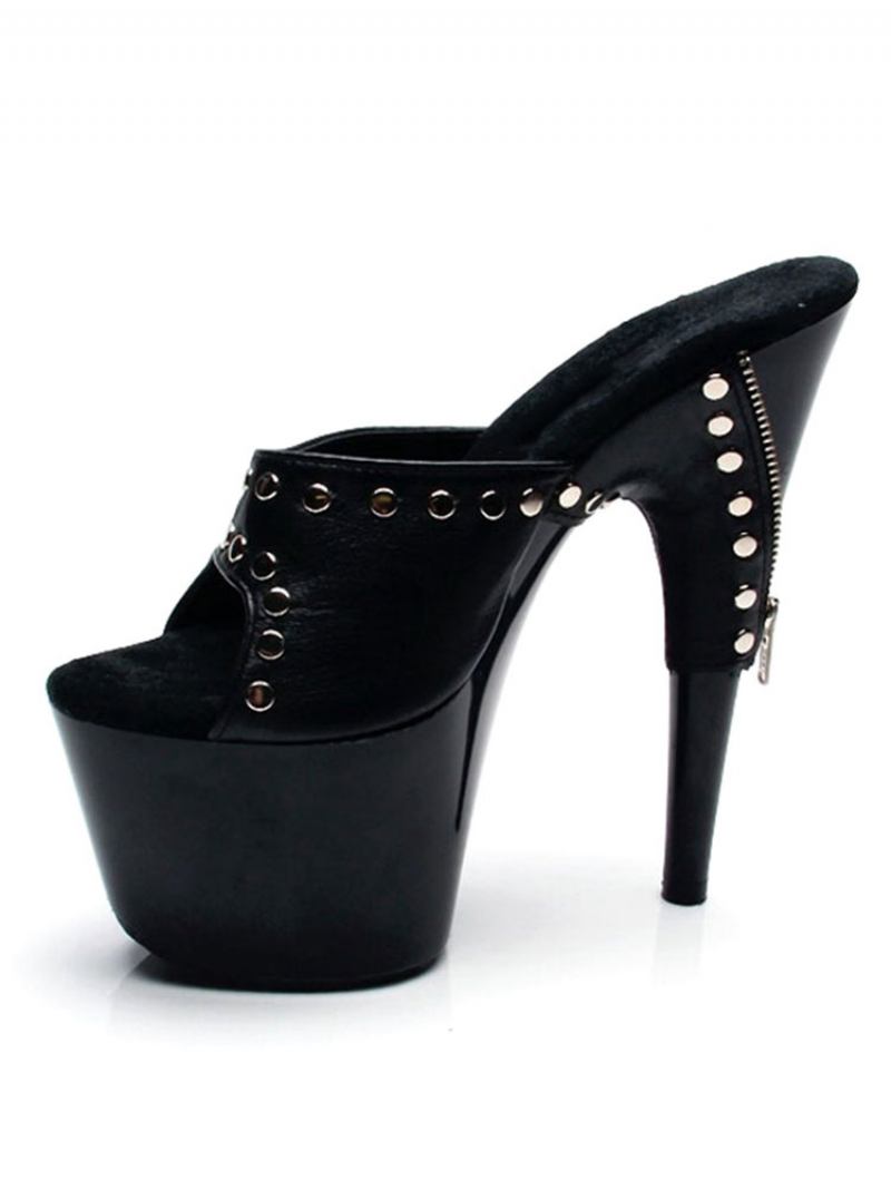 Sapatos Sexy Vermelhos Salto Alto Plataforma Feminina Peep Toe Rebites Sandálias Estilingues - Preto