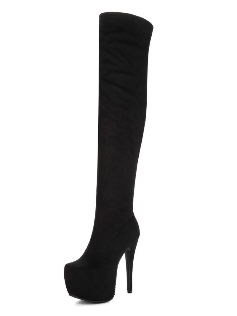 Sobre Botas Joelho Mulheres Sexy Sapatos Plataforma Preta Estiramento Stiletto - Preto