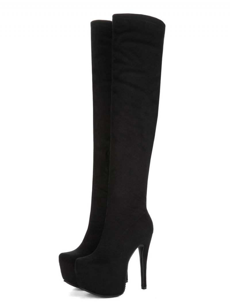 Sobre Botas Joelho Mulheres Sexy Sapatos Plataforma Preta Estiramento Stiletto - Preto