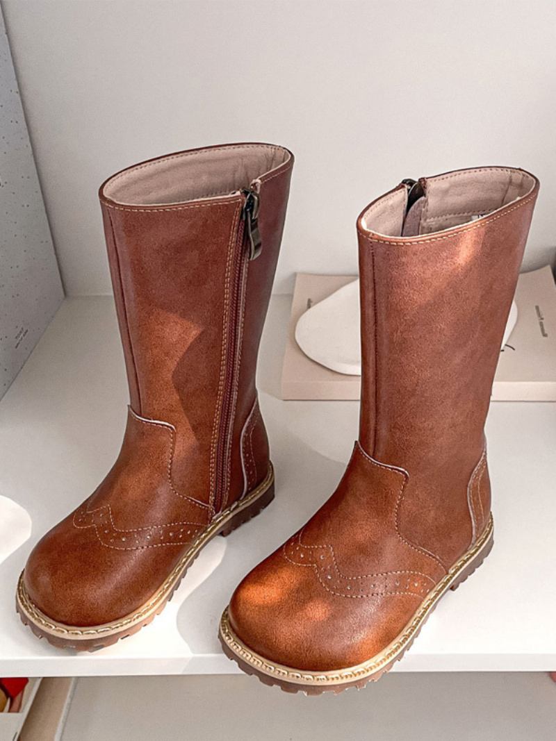 Botas Femininas Marrons Com Bico Redondo E Zíper