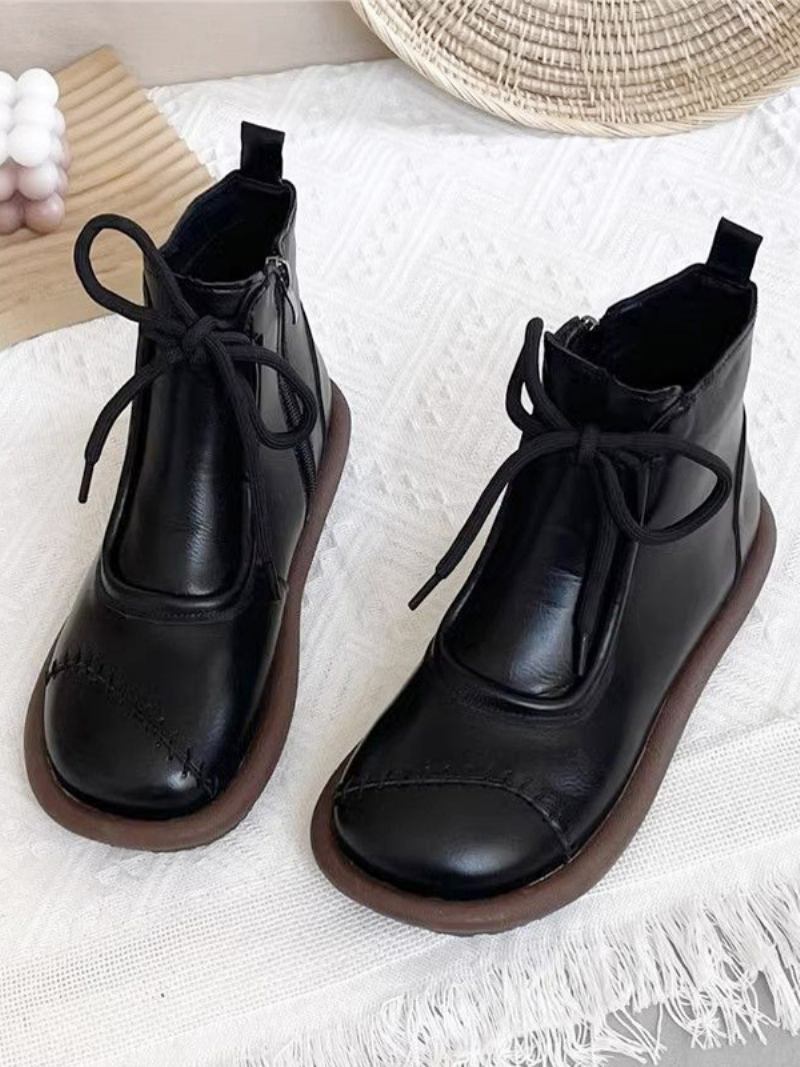 Botas Pretas Para Meninas Com Bico Redondo E Cadarço