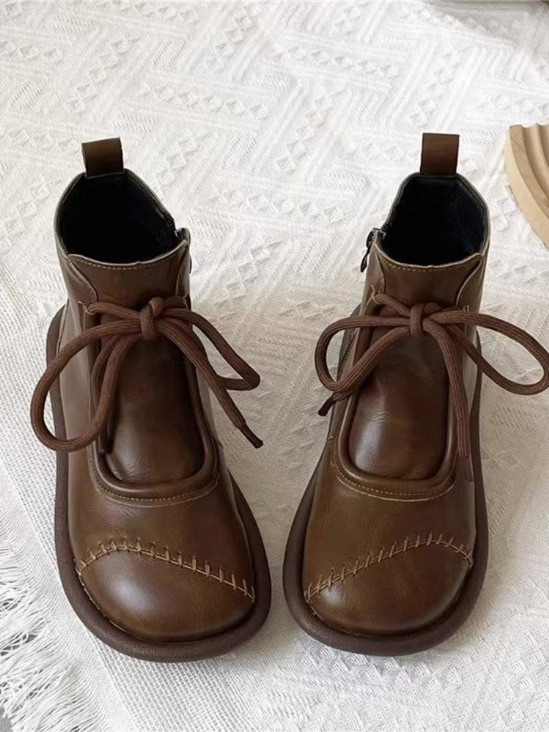 Botas Pretas Para Meninas Com Bico Redondo E Cadarço - Camelo