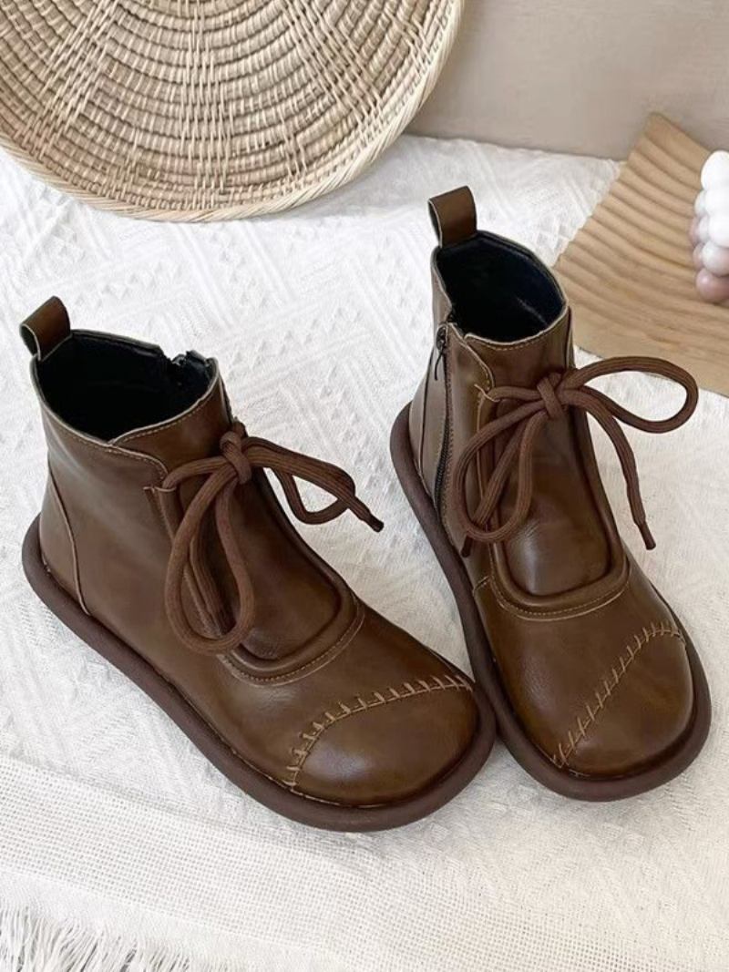 Botas Pretas Para Meninas Com Bico Redondo E Cadarço - Camelo