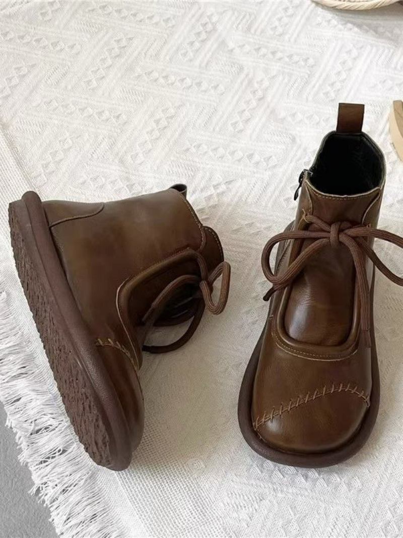 Botas Pretas Para Meninas Com Bico Redondo E Cadarço - Camelo