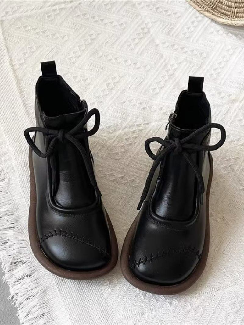 Botas Pretas Para Meninas Com Bico Redondo E Cadarço - Preto