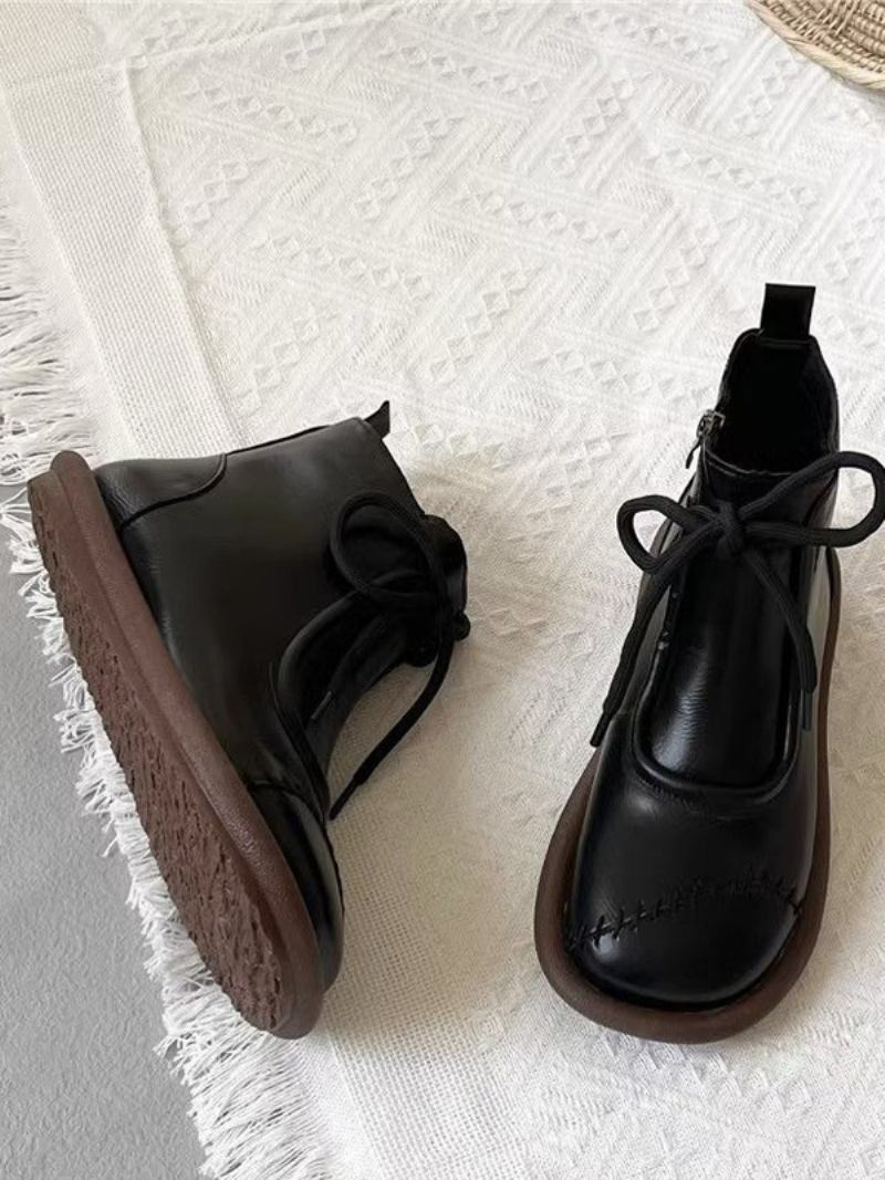 Botas Pretas Para Meninas Com Bico Redondo E Cadarço - Preto