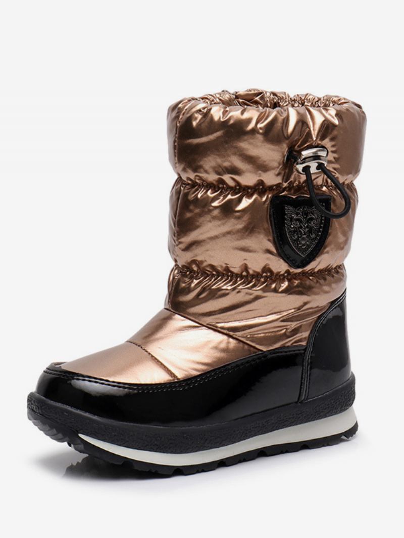 Sapatos Inverno Para Crianças Botas Neve Pretas Com Bico Redondo E Cordão - Ouro