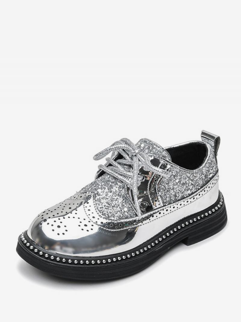 Sapatos Sociais Masculinos Brogue Preto Glitter Bico Redondo Com Cadarço Formais Festa - Prata