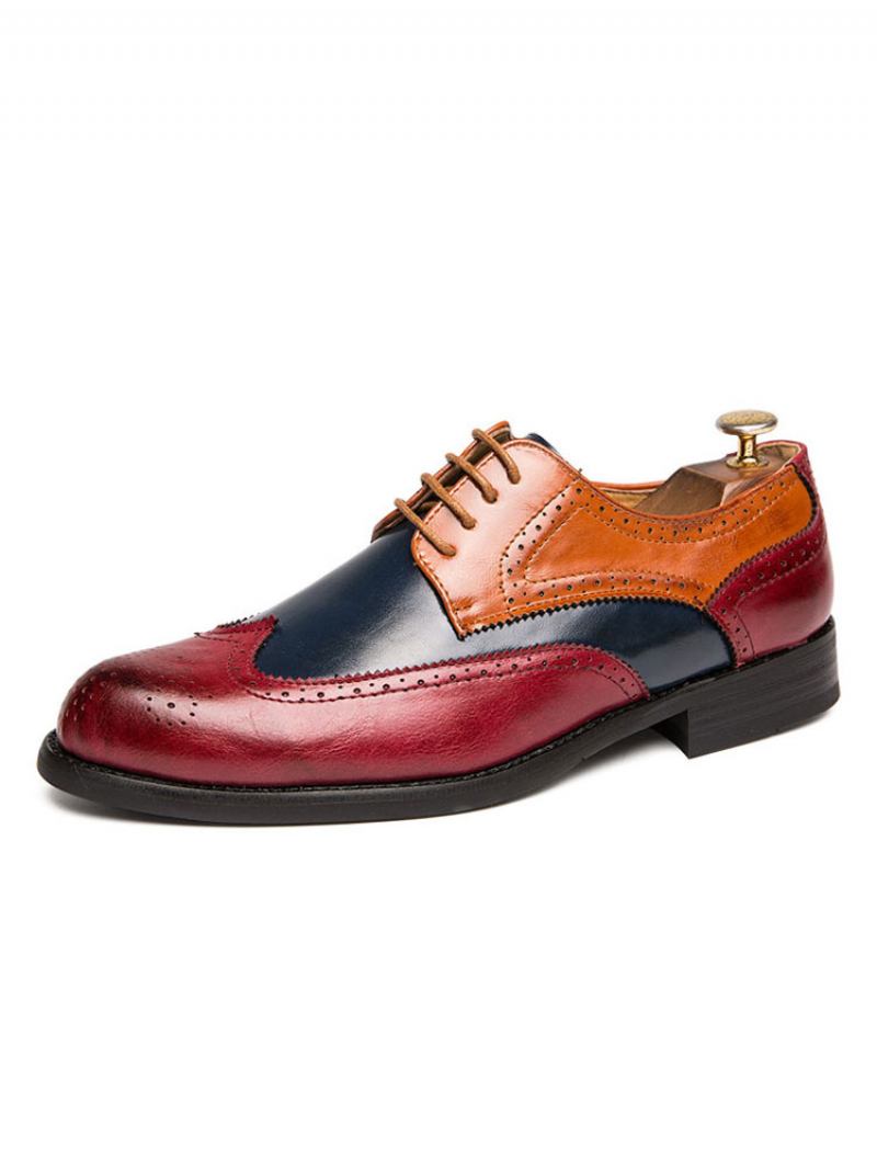 Sapatos Derby Masculinos Com Pontas Asas Em Bloco Colorido - Vermelho