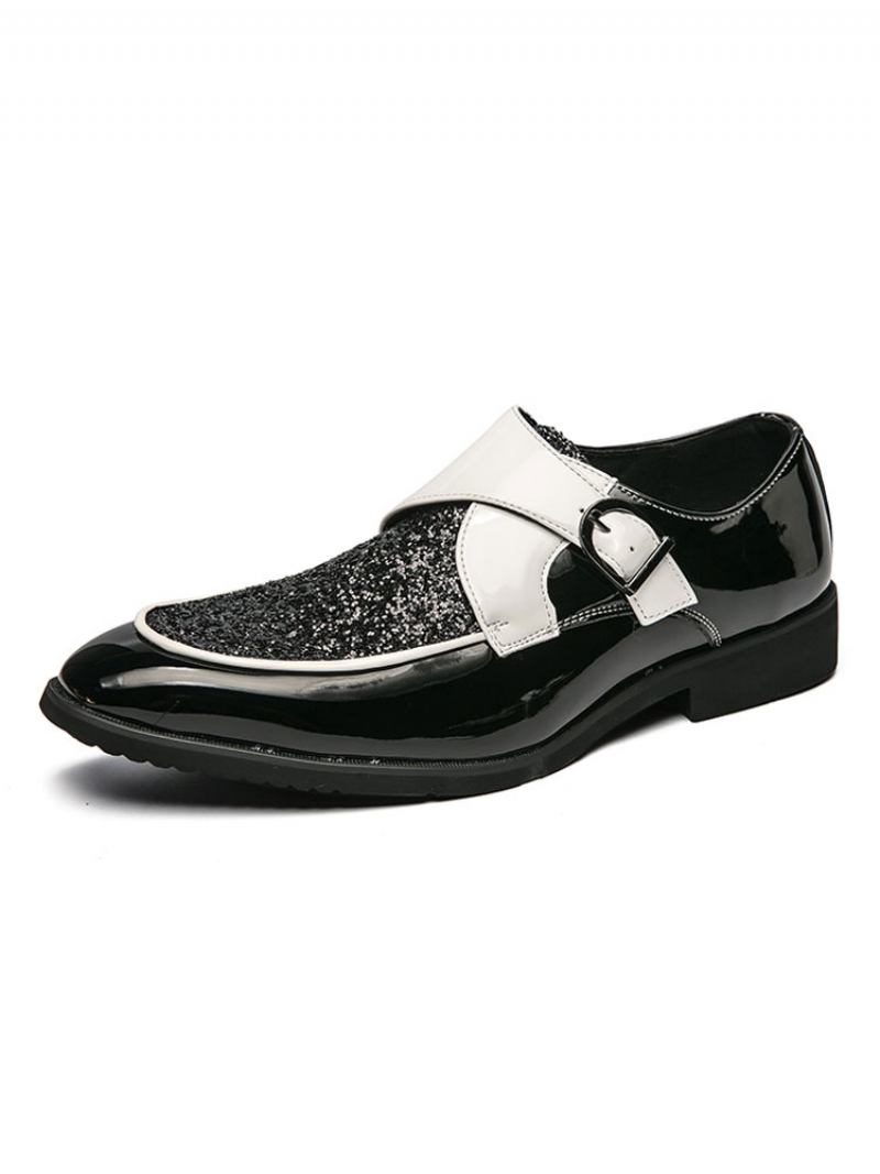 Sapatos Masculinos Oxfords Monk Strap Para Modernos Couro Pu Com Bico Redondo E Slip-on - Preto