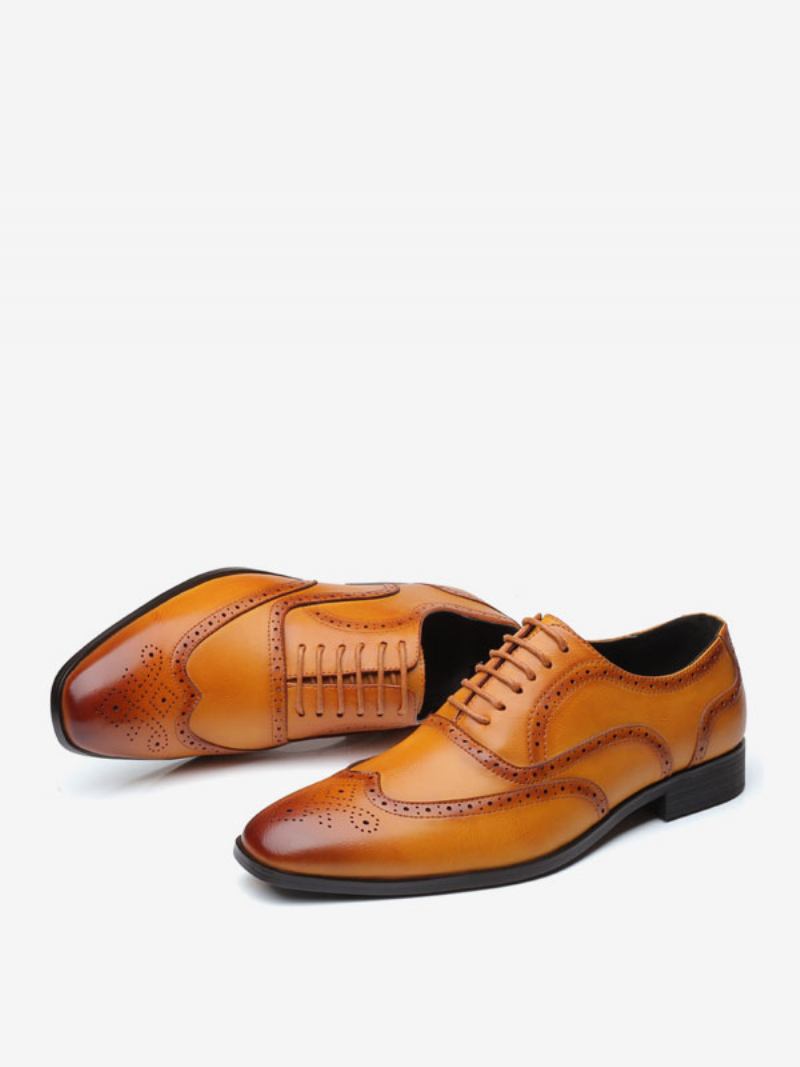 Sapatos Oxford Masculinos Qualidade Bico Fino Com Cadarço E Noivo - Amarelo