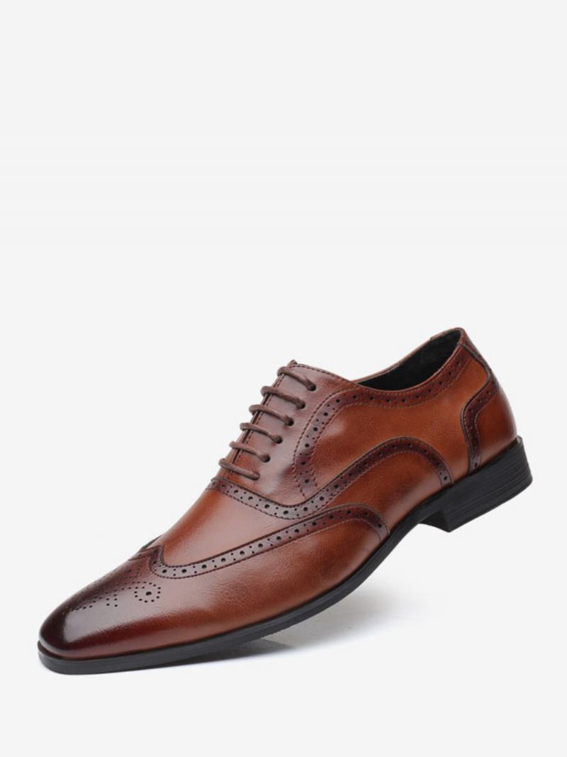 Sapatos Oxford Masculinos Qualidade Bico Fino Com Cadarço E Noivo - Castanho Café